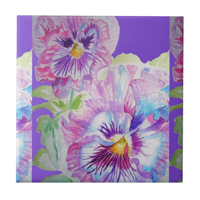Watercolor Pansy Flowers Floral Ceramic Tile (Front)