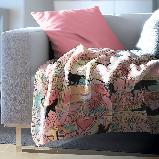 Watercolor Paris Café Black Cat Pattern Sherpa Blanket (Creator Uploaded)