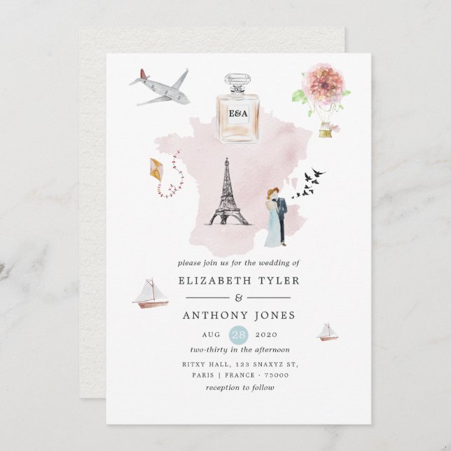 Watercolor Paris Destination Wedding Monogram Invitation (Front/Back)