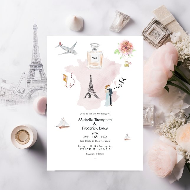 Watercolor Paris Destination Wedding Monogram Invitation (Creator Uploaded)