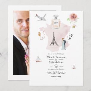 Watercolor Paris Destination Wedding Monogram Invitation