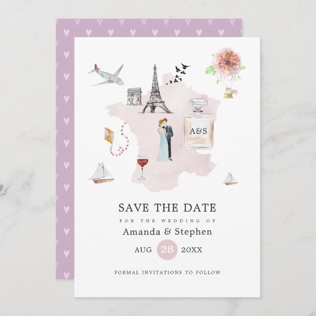 Watercolor Paris Destination Wedding Monogram Save The Date (Front/Back)