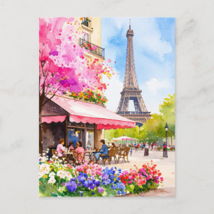Watercolor Paris Eiffel Tower & Cafe Retro Postcard