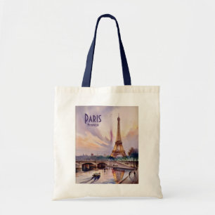 Watercolor Paris Eiffel Tower Skyline Retro Sunset Tote Bag