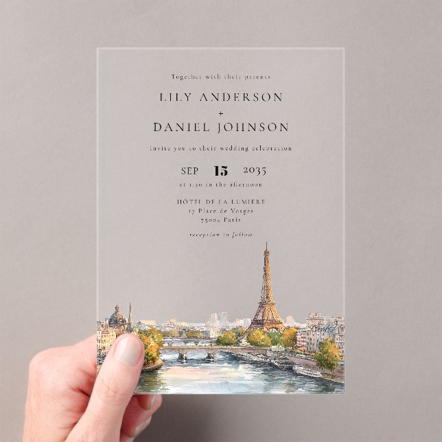 Watercolor Paris France Destination Wedding Acrylic Invitations (Insitu (Handheld))