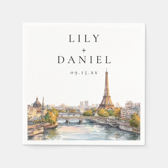 Watercolor Paris France Destination Wedding Napkin (Front)