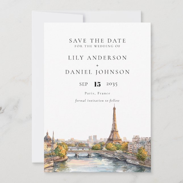 Watercolor Paris France Destination Wedding Save The Date (Front)