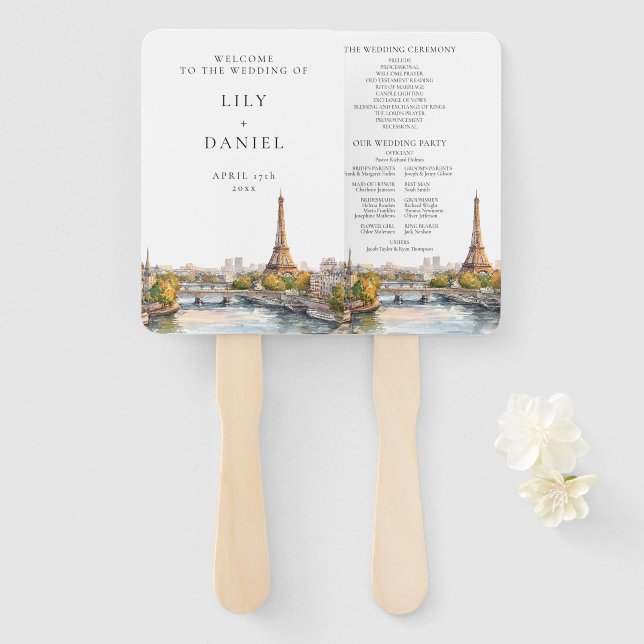 Watercolor Paris France Wedding Program Hand Fan (Front and Back)