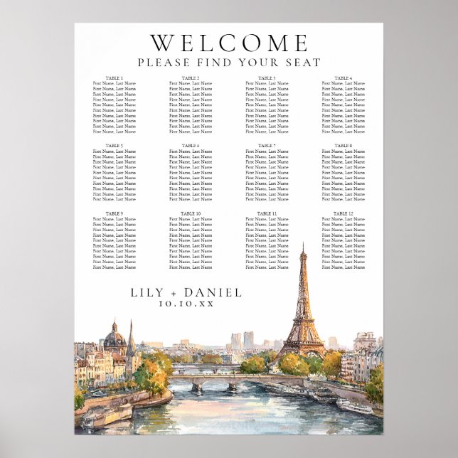 Watercolor Paris France Wedding Seating Chart (Front)
