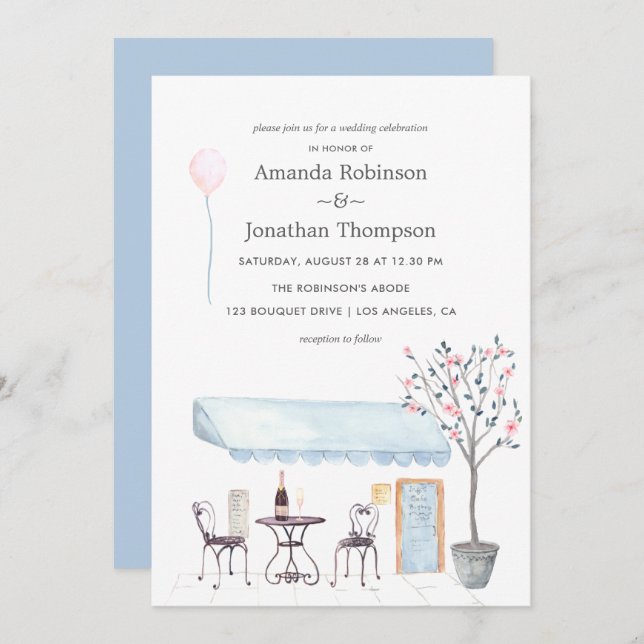Watercolor Paris themed Wedding invitation (Front/Back)