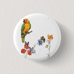 watercolor parrot and butterflies design 3 cm round badge