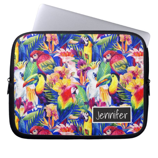 Watercolor Parrots | Add Your Name Laptop Sleeve (Front)