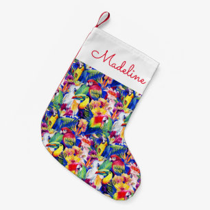 Watercolor Parrots Add Your Name Small Christmas Stocking
