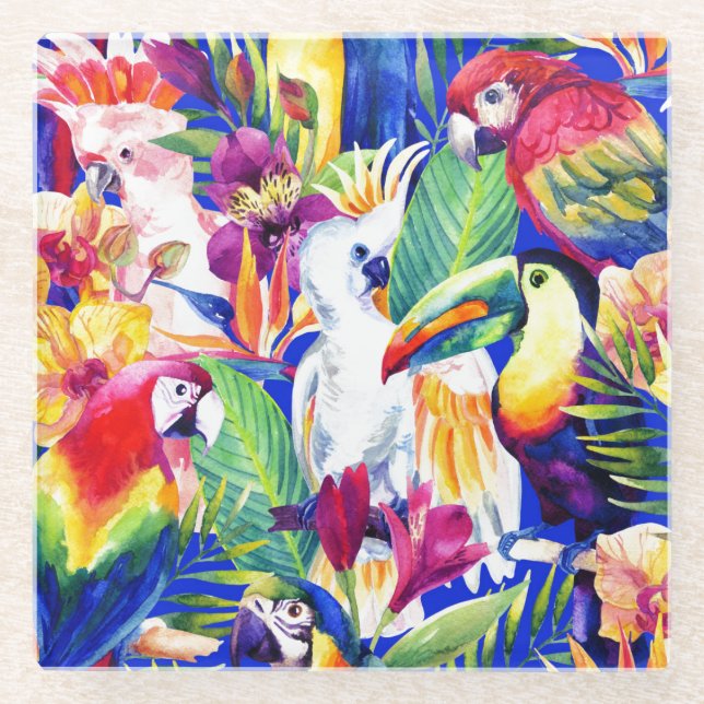 Watercolor Parrots Glass Coaster (Front)