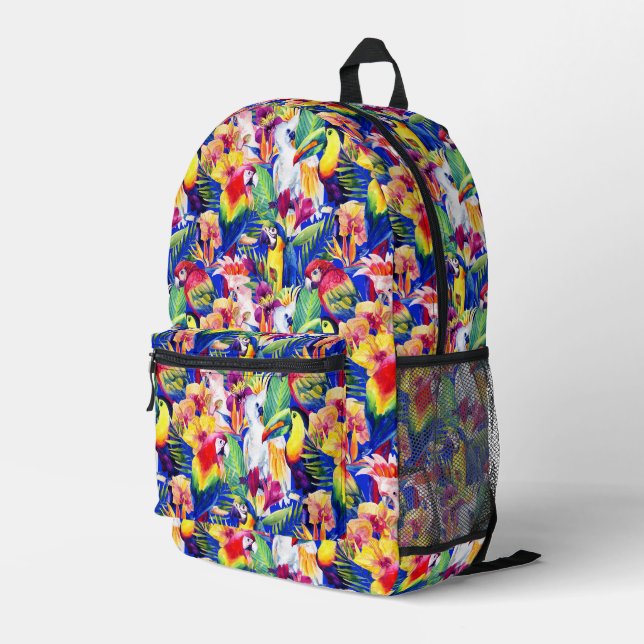 Watercolor Parrots Printed Backpack (Back Corner Right)