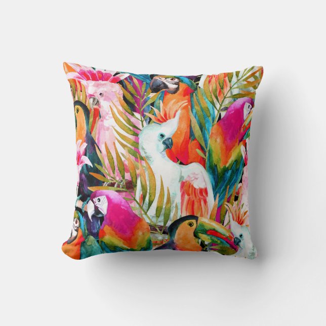 Watercolor Parrots: Tropical Seamless Pattern Cushion (Front)