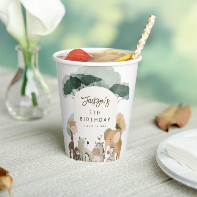 Watercolor Party Animals Photo Birthday Party Paper Cups (Insitu)