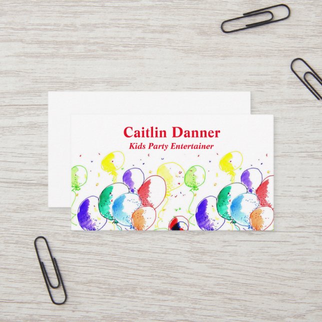 Watercolor Party Balloons Business Card (Front/Back In Situ)