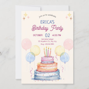 Watercolor pastel birthday cake invitation