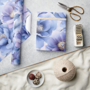 Watercolor Pastel Blue and Purple Peony Floral Wrapping Paper