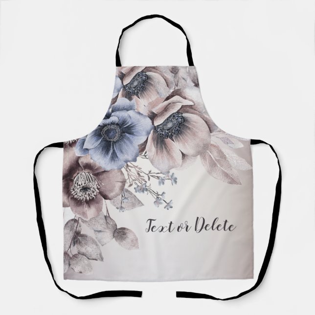Watercolor Pastel Blue Beige Flowers Elegant Apron (Front)