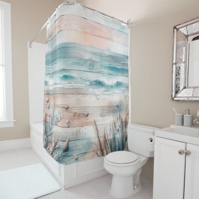 Watercolor Pastel Blue Beige Oceanic Seaside Wood  Shower Curtain (In Situ)