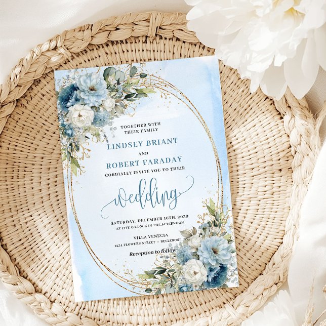 Watercolor Pastel Blue Flowers Gold Wedding Invite (Watercolor Pastel Blue Flowers Gold Wedding Invite)