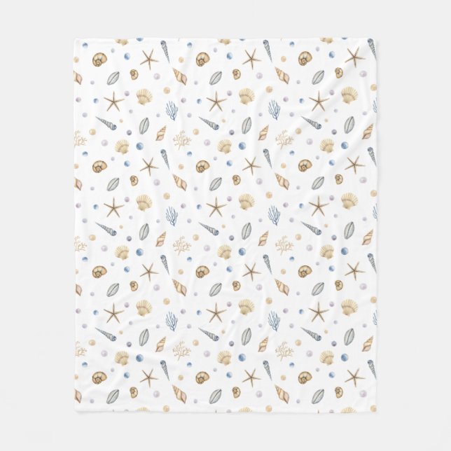 Watercolor pastel blue green colours shells fleece blanket (Front)