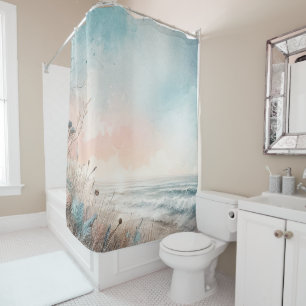 Watercolor Pastel Blue Pink Beach Seaside Shower Curtain