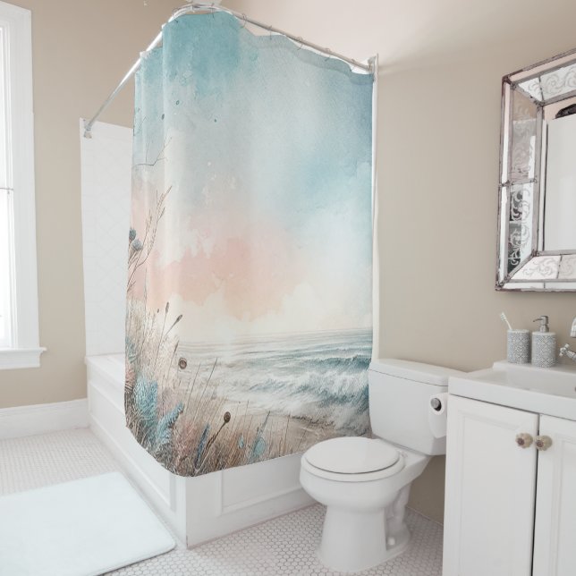 Watercolor Pastel Blue Pink Beach Seaside Shower Curtain (In Situ)