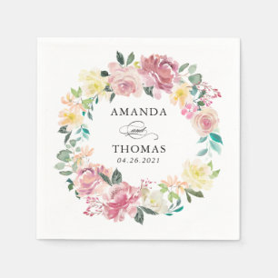 Watercolor Pastel Blush Floral Wreath Wedding Napkin