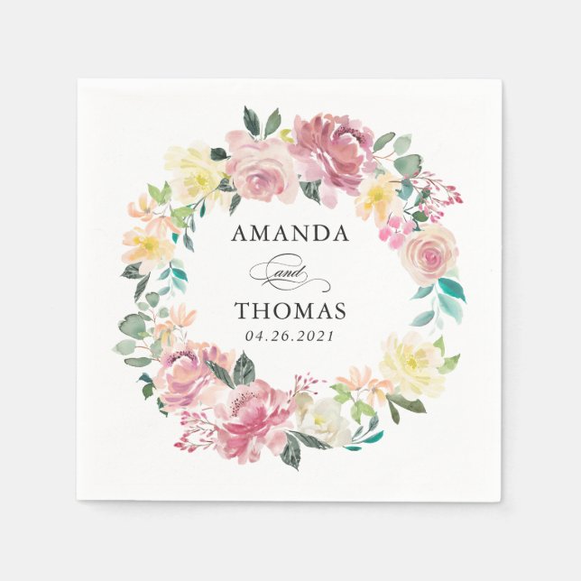 Watercolor Pastel Blush Floral Wreath Wedding Napkin (Front)