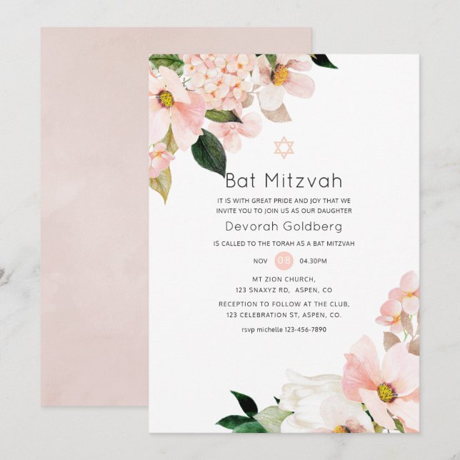 Watercolor Pastel Blush Pink Floral Bat Mitzvah Invitation (Front/Back)