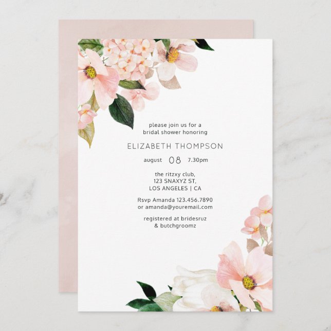 Watercolor Pastel Blush Pink Floral Bridal Shower Invitation (Front/Back)