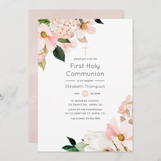 Watercolor Pastel Blush Pink Floral Holy Communion Invitation (Front/Back)