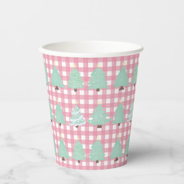 Watercolor Pastel Christmas Trees with Pink Plaid  Paper Cups (Front)
