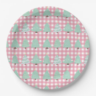 Watercolor Pastel Christmas Trees with Pink Plaid  Paper Plate