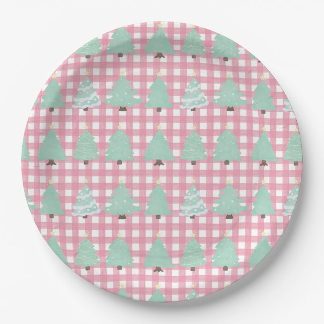 Watercolor Pastel Christmas Trees with Pink Plaid  Paper Plate (Front)