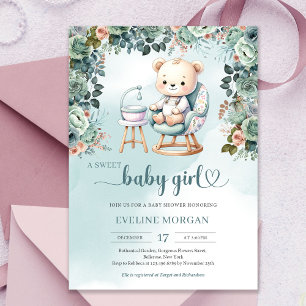 Watercolor pastel colours teddy bear girl baby invitation