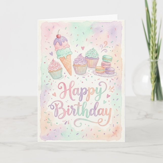 Watercolor Pastel Cupcake Birthday  Card (Front)