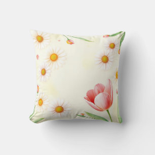 Watercolor Pastel Daisies and Tulips Cushion