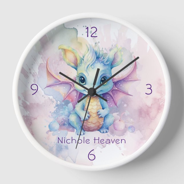 Watercolor Pastel Dragon Girl Baby Shower Gift Clock (Front)