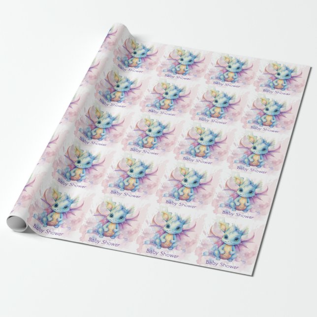 Watercolor Pastel Dragon Girl Baby Shower Wrapping Paper (Unrolled)