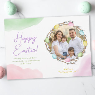 Watercolor Pastel Easter Wreath With Family Photo Card