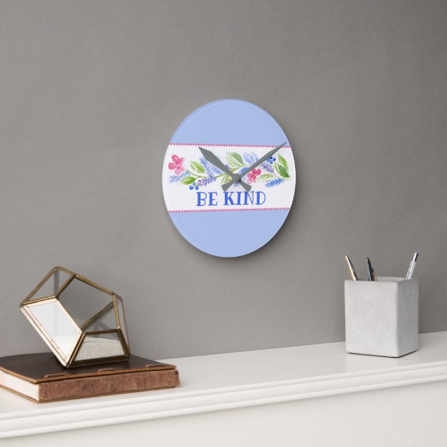 Watercolor Pastel Floral BE KIND Round Clock (Office)