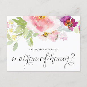 Watercolor Pastel Floral Be My Matron of Honour Invitation Postcard