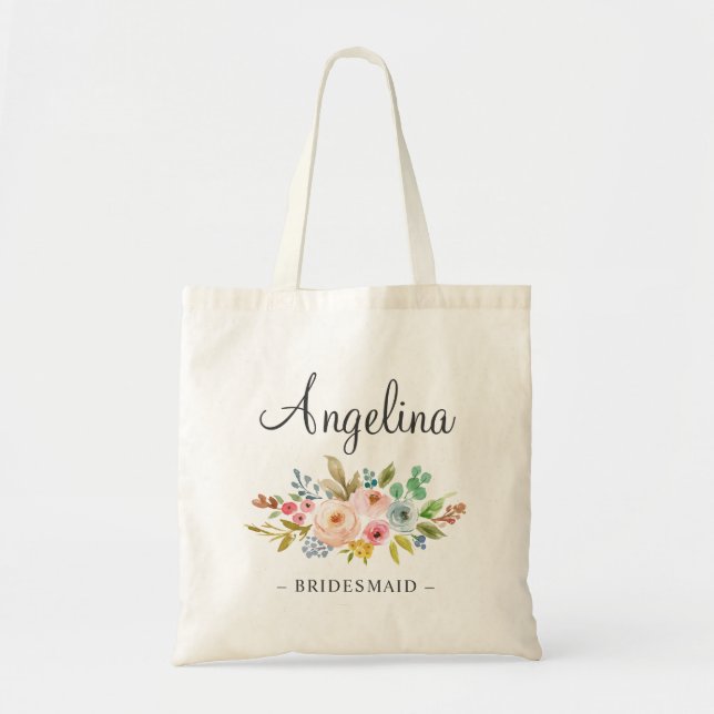 Watercolor Pastel Floral Bridesmaid Tote Bag (Front)