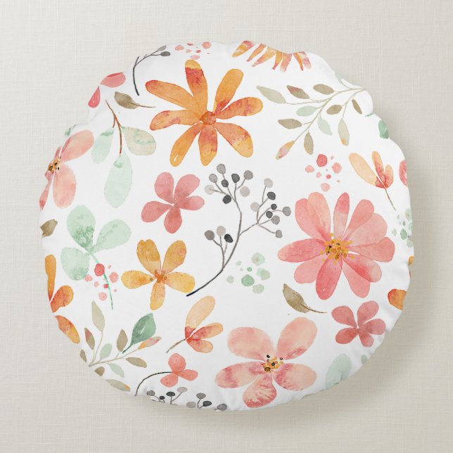 Watercolor Pastel Floral Pattern, Tranquillity, Round Cushion (Front)