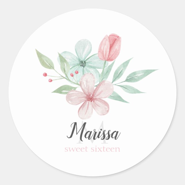 Watercolor Pastel Floral Quinceanera Birthday Classic Round Sticker (Front)