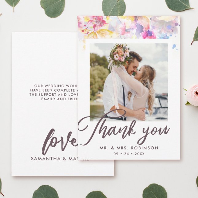 Watercolor Pastel Floral Wedding Photo Thank You Card (Creator Uploaded)
